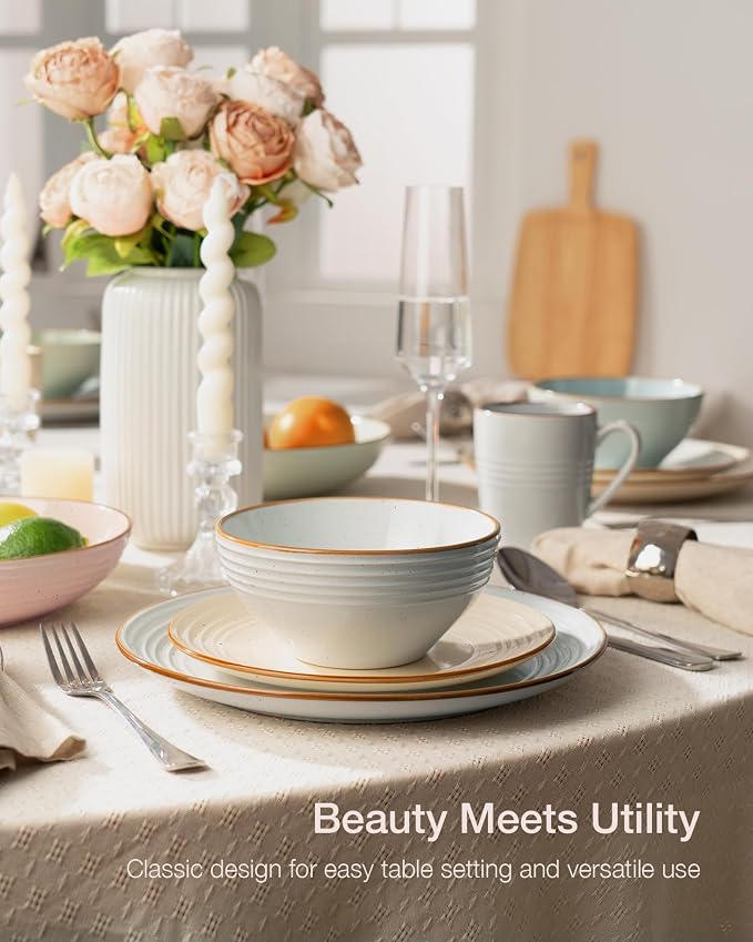 Famiware Jupiter 24-Piece Stoneware Dinnerware Set for 8, Handcrafted Plates and Bowls with Speckles & Embossed Swirls, Chip/Scratch Resistant, Microwave/Dishwasher Safe, Rustic Dishes, Multi-color