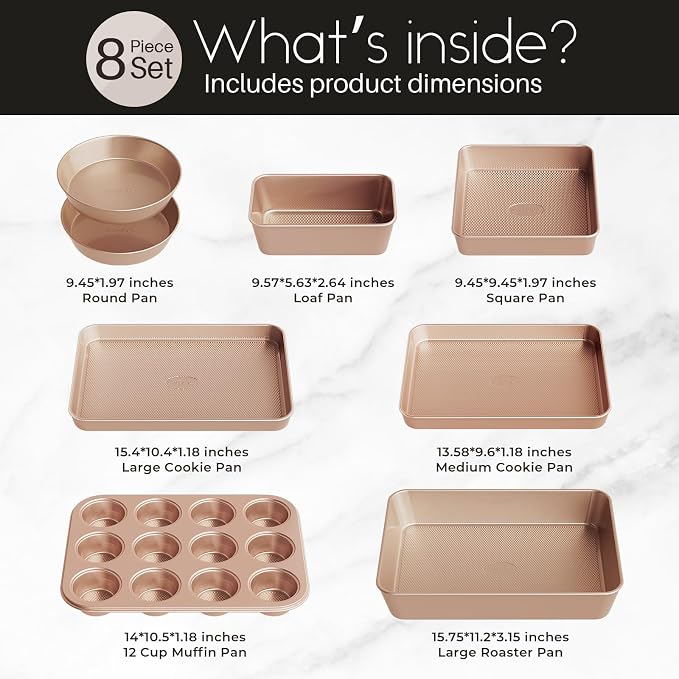Baking Pans Set 8-Piece Bakeware Sets, Baking Sets for Cooking Nonstick Oven Pan Set, Baking Sheet Set, Cookie Sheets for Baking, Muffin Pan, Cookie Sheets (Ceramic Coated Gold)