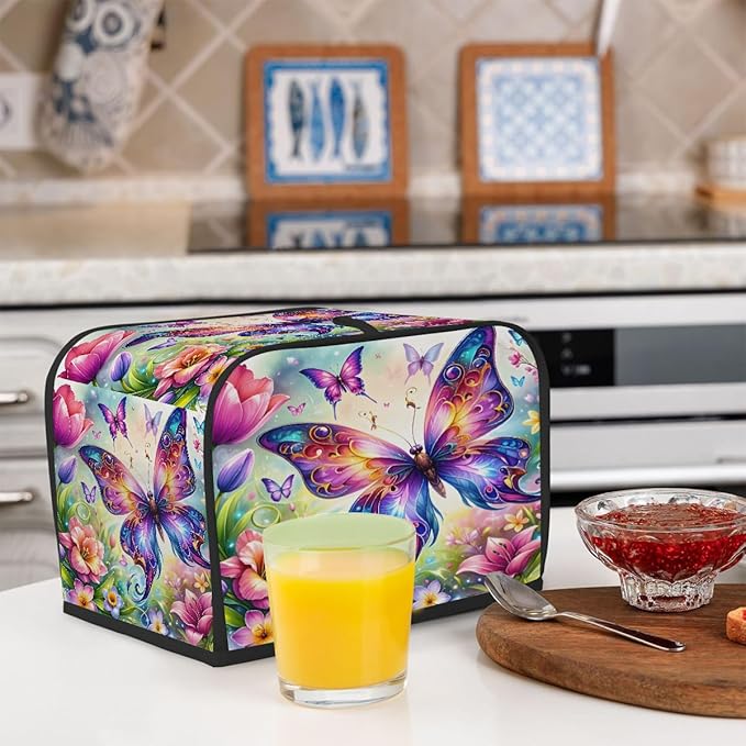 Butterfly Colorful Floral 4 Slice Toaster Cover Dust And Fingerprint Bread Maker Cover Bakeware Protector Washable Appliance Covers Kitchen Accessories For Home Kitchen Women Gift