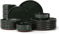 E-far Stoneware Dinnerware Sets for 6, 18 Pieces Reactive Glaze Plates and Bowls Sets, Elegant Dishes with Rustic Terracotta Clay Base, Dishwasher & Microwave Safe, Scratch Resistant, Blackish Green
