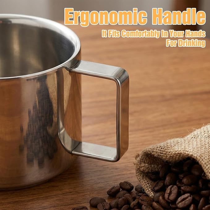 4 Pack Stainless Steel Coffee Mug Set, 6.8 Oz Espresso Cup with Saucer and Spoon, Double Walled Insulated Stainless Steel Coffee Cup for Latte, Cappuccino, Milk, Tea, Silver