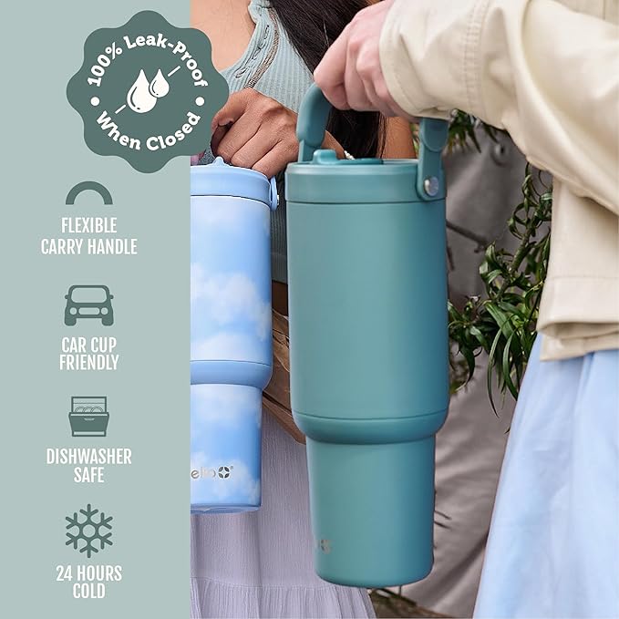 Ello Oasis Go+ 32oz Tumbler with Top Handle and Retracting Straw | Reusable Insulated Stainless Steel Cup, 100% Leakproof Water Bottle, 24 Hours Cold, Cup Holder Friendly For Travel | Alligator