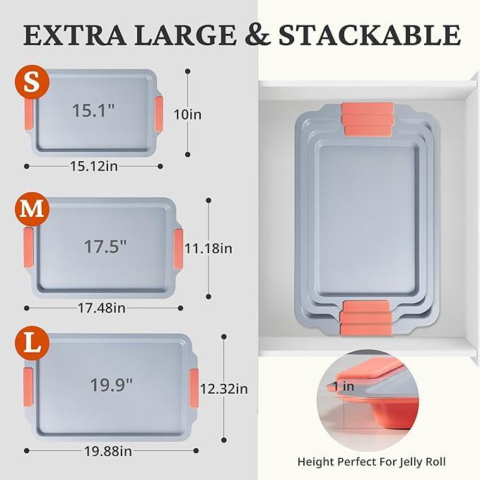 BRONYPRO Non Stick Ceramic Baking Sheet Pan Set of 3, Non Toxic Cookie Sheets (PFAS/PFOA/PTFE Free), Aluminized Steel Oven Trays with Silicone Handles, Rust-Resistant, Warp-Resistant to 500°F, Coral