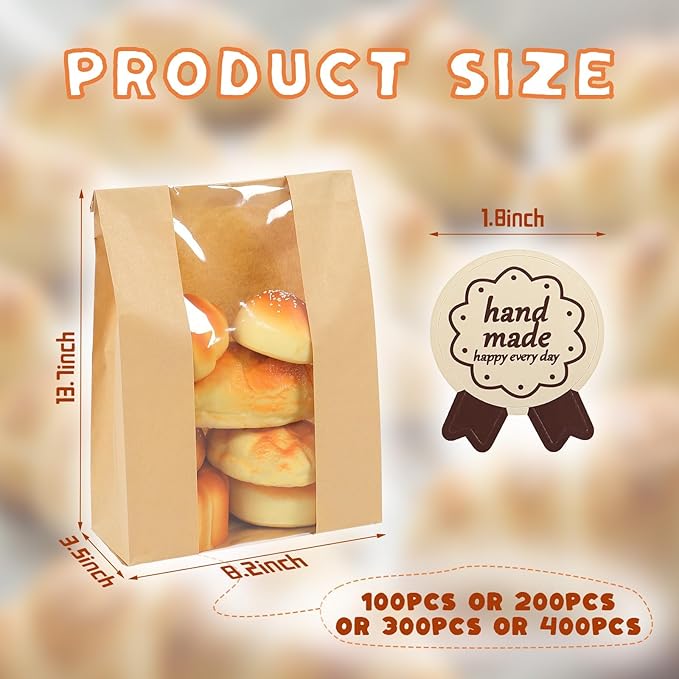 400 Packs Paper Bread Bags for Homemade, Sourdough Bread Bags with Clear Window Includes Label Seal 400 Pcs Stickers, Bakery Packaging Storage for Cookies Snack (13.7x8.2x3.5 inch)
