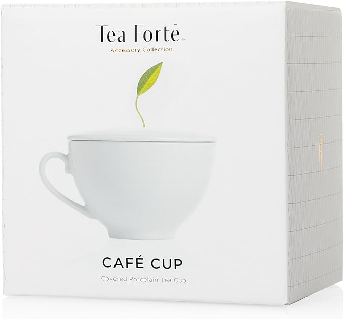 Tea Forte Cafe Cup White Porcelain Tea Cup and Lid, Steeps 8 oz., Microwave and Dishwasher Safe (Pack of 2)