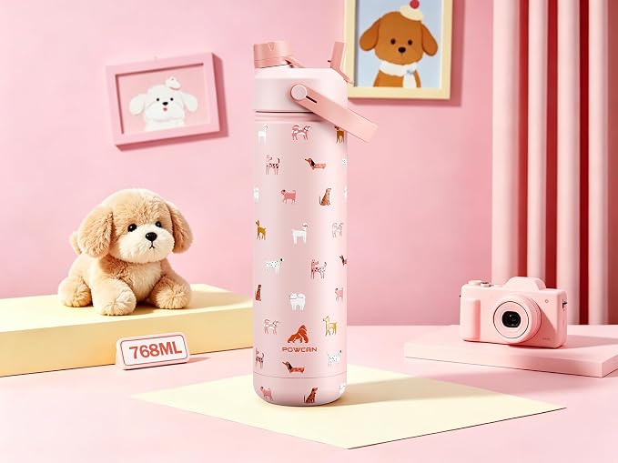POWCAN 26 oz Insulated Water Bottle with 2-in-1 Straw and Spout Lid, Keep Cold 24H, Leak-Proof, Fits in Car Cup Holder, Stainless Steel Water Bottle for Gift, Home, Trip, Daily Outings (Furry Friends)