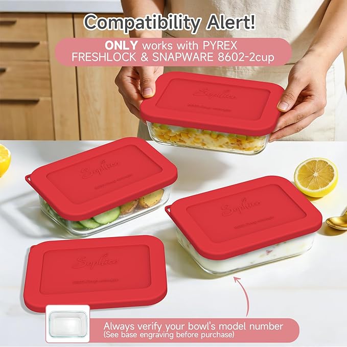 Sophico Silicone Storage Lids Cover Replacement for Pyrex Freshlock and SNAPWARE 2CUP(8602), Rectangle Glass Bowls Containers Set, Airtight Lids, 4 Pack