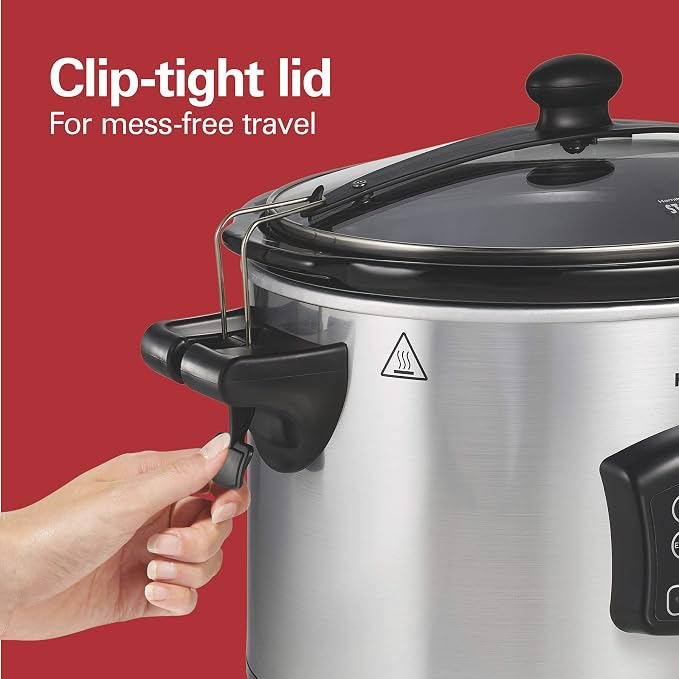 Hamilton Beach Portable 6 Quart Set & Forget Programmable Slow Cooker | Defrost Setting | Lid Lock For Easy Travel | Dishwasher Safe Crock & Glass Lid | Silver | 33869
