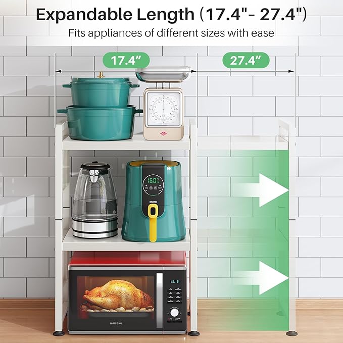 Microwave Stand, 3-Tier Expandable(17.4"-27.4") Microwave Oven Rack, Heavy Duty Adjustable Shelf with 9 hooks, Kitchen Organizer Storage Shelves for Pantry, Countertop, Coffee Bar, Office, Dorm, White