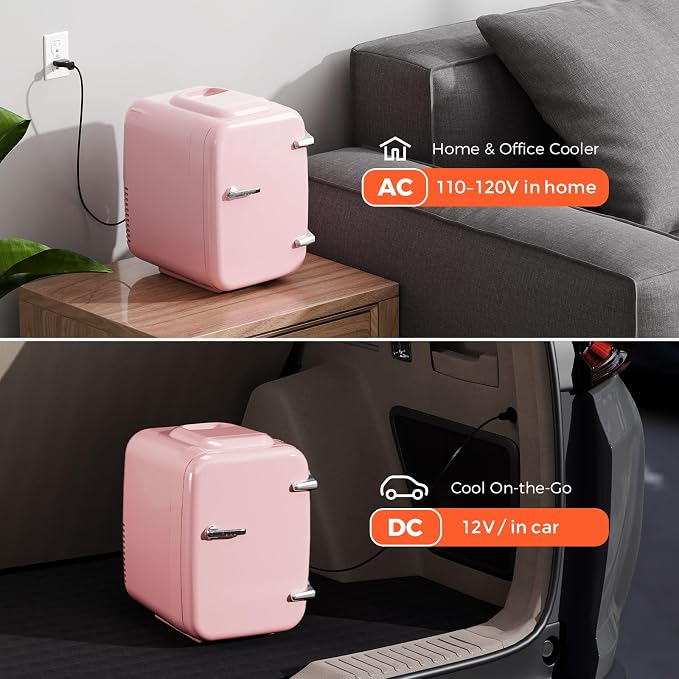OSTBA Mini Fridge, 4 Liter/6 Can Mini Makeup Fridge, 110V AC/ 12V DC Portable Thermoelectric Cooler&Warmer for Skincare, Drink, Cosmetic, Medicine, Small fridge for Bedroom, Office, Dorm, Car, Pink