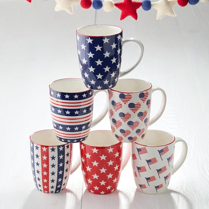Patriotic Pad Print Porcelain MUGS SET of 6, 14 ounce red white and blue assorted star stripe and flag designs for coffee tea and festive everyday drinkware