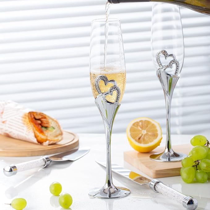 Wedding Cake Knife and Sever Set, Mr and Mrs Champagne Flutes and Cake Cutting Set for Bride Shower Engagement Gfits for Couples