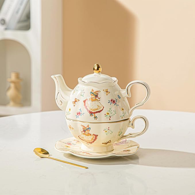 Domini Teapot cup combo,Teapot and Teacup for One,Tea Cup and Saucer Set-Tea Pot Set Gift for Girl Women,Rabit