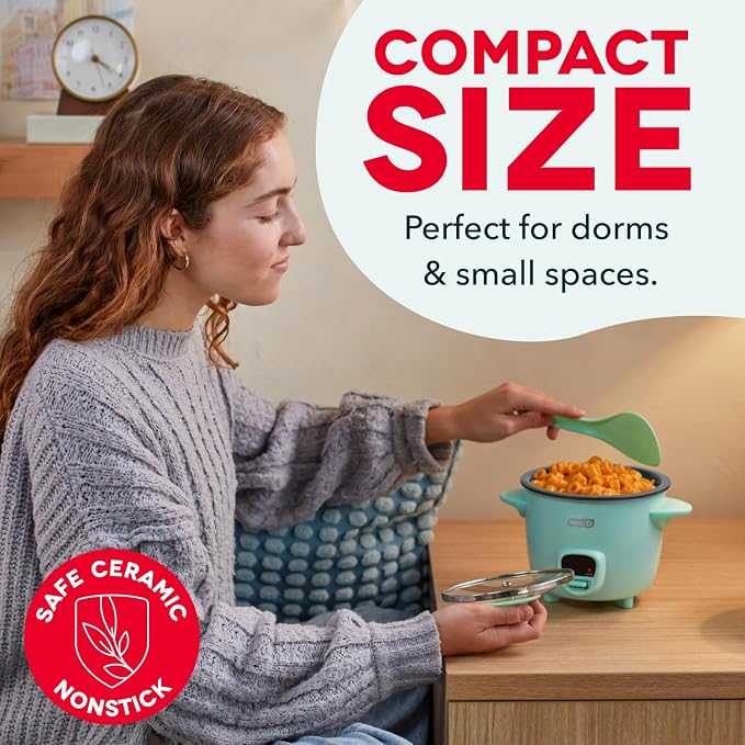 Dash Mini Rice Cooker | Small Rice Maker, 2 Cups Cooked / 1 Cup Uncooked, Ceramic Nonstick Removable Pot, Keep Warm Function, Compact and Portable for Dorm, Travel, Single Serve, Aqua