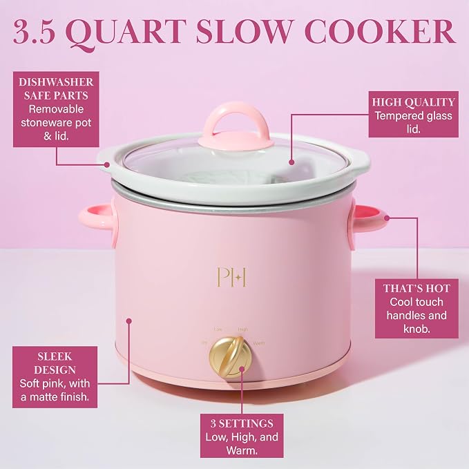 Paris Hilton 3.5-Quart Manual Slow Cooker, Naturally Nonstick Stoneware Ceramic Insert, Three Settings (Low, High, Warm), Dishwasher Safe Family Size Slow Cooker, Pink