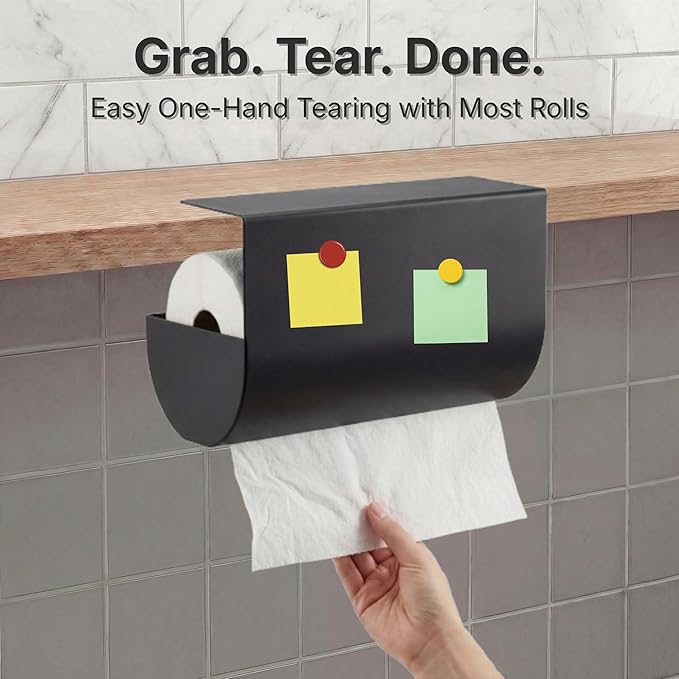 Under Cabinet Paper Towel Holder - No Drill Shelf Mount, Easy Tearing Design, Space-Saving, Magnet-Ready Steel Surface, Fits Standard US Rolls up to 11" (Black)