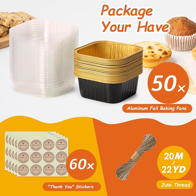 Mini Square Baking Cups with Lids, 50 Pcs 5oz Aluminum Foil Cupcake Tins with Lids, Disposable Ramekins Flan Cake Pans Tins for Souffle, Dessert, Valentine, Wedding, Party Small Cake Containers