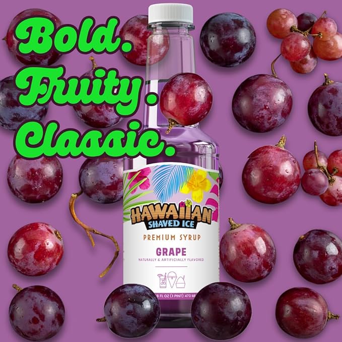Hawaiian Shaved Ice Grape Syrup - Nut Soy Dairy Free - Flavor Fluffy & Crunchy Snow Cones - Shelf Stable - Makes 8 Servings - 16 ounces