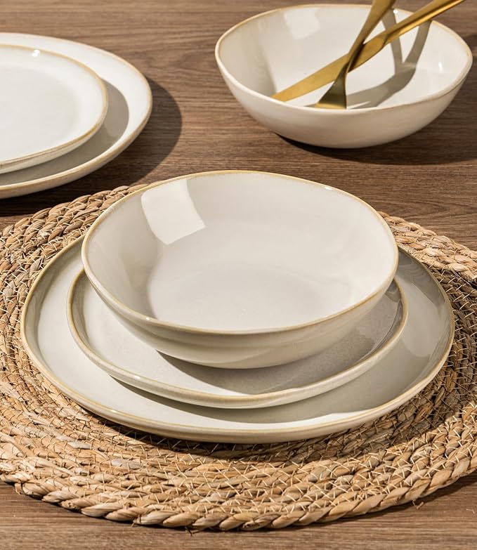 GBHOME Stoneware Dinnerware Sets for 8, 24 Pieces Rustic Earthenware Plates and Bowls Set, Handmade Reactive Glaze Ceramic Plate Sets, Chip Resistant Dishes, Microwave & Dishwasher Safe, Vanilla Cream