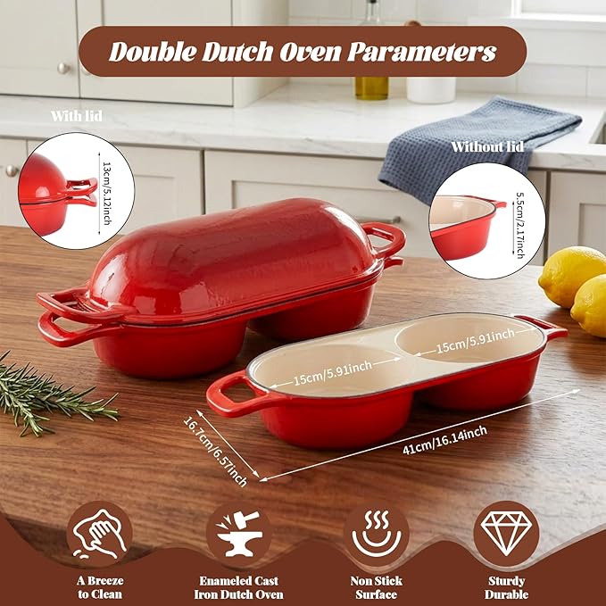 Double Dutch Oven for Bread Baking, Ideal for Family Daily Baking | Enameled Cast Iron Bread Pan with Lid, 2-Slot Mini Loaf Design (16.5cm Each) for Homemade Artisan Bread, Easy to Clean