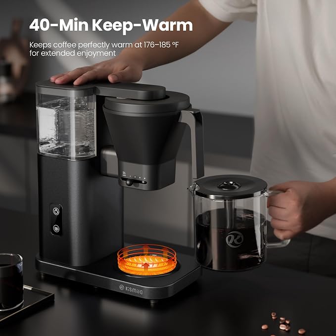 Kismile SCA-Certified 8 Cup Drip Coffee Maker, Pour Over Coffee Machine with 3s Instant Heat 197–205℉, Adjustable Flow Control, Removable Water Tank, Deep Cold Brew & 40 Min Keep Warm (Dark Grey)