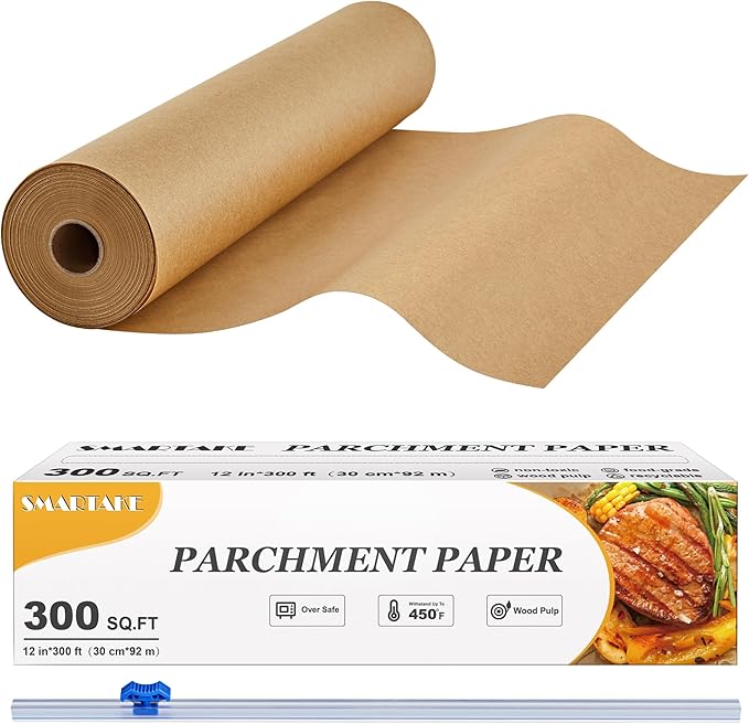 SMARTAKE Parchment Paper Roll for Baking, 12 in x 300 ft, 300 sq.ft, Non-Stick Baking Paper Sheets with Slide Cutter, Heavy Duty Extra Long, for Kitchen Baking Cooking Grilling Steaming, Unbleached