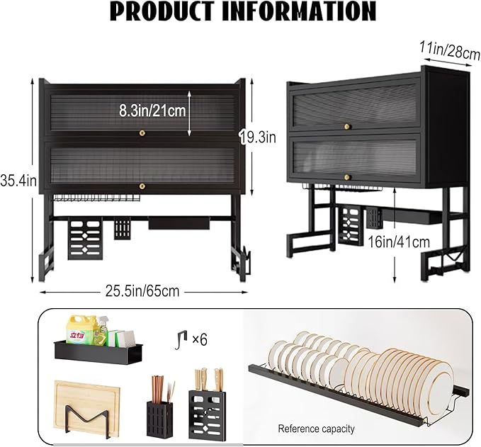 Over Sink Dish Drying Rack 2 Tier Stainless Steel Dish Drainer with Cover and Utensil Holders Large Capacity Space Saving Kitchen Organizer
