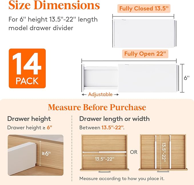 Lifewit 14 Pack 6" High Drawer Dividers 34-56cm/13.5-22" Adjustable Drawer Organizer for Clothes/Utensils, Expandable Drawer Separator in Dresser/Kitchen/Bedroom/Office Organization & Storage White