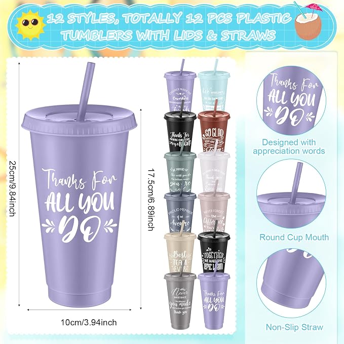Shellwei 36 Pcs Employee Appreciation Gifts Bulk 24 oz Thank You Tumbler with Lid and Straw Mini Spiral Notebooks and Pens Appreciation Gifts for Team Employee Coworkers Teacher (Bright)