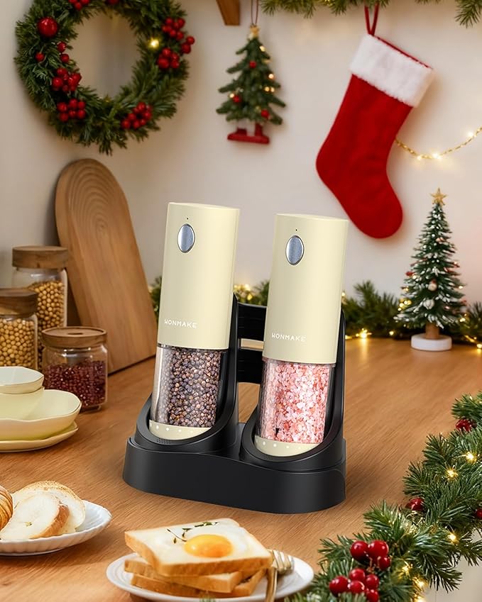 Electric Salt and Pepper Grinder Set - Automatic Refillable Salt and Pepper Grinders with Charging Base & LED Light, 6-Level Adjustable Coarseness with External Dial, Ideal Kitchen Gadget，Beige