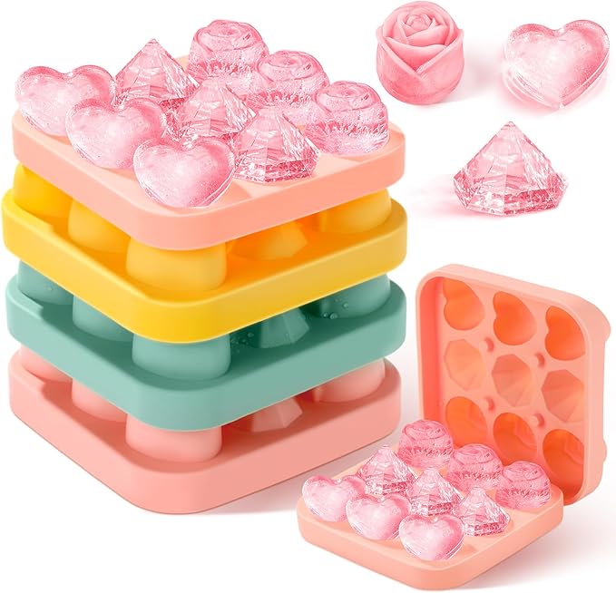 Censen 4 Pcs Silicone Rose Heart Diamond Ice Cube Mold 3D Mold with Covers 9 Cavity Easy Release Cube Tray Easy Release Form for Whiskey Bourbon Cocktails Wine Coffee Juices and More