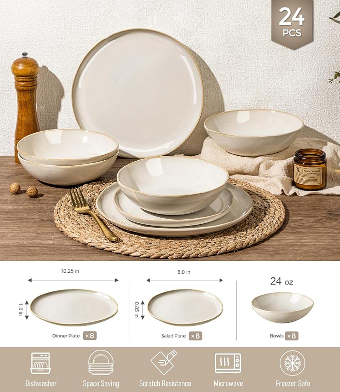 GBHOME Stoneware Dinnerware Sets for 8, 24 Pieces Rustic Earthenware Plates and Bowls Set, Handmade Reactive Glaze Ceramic Plate Sets, Chip Resistant Dishes, Microwave & Dishwasher Safe, Vanilla Cream