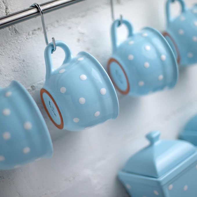 City to Cottage Handmade Light Sky Blue and White Polka Dot Large Ceramic 12oz/350ml Cappuccino Coffee Tea Cup and Saucer, Unique Designer Pottery Gift for Tea Lovers