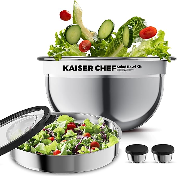 Salad Bowl Kit 74oz,Salad Container For Lunch,18/8 Stainless Steel,Salad Bowl With Lid, Includes 1.7oz Condiment Container and Removable Tray,Leak-Proof, Easy to Clean (Mirror)