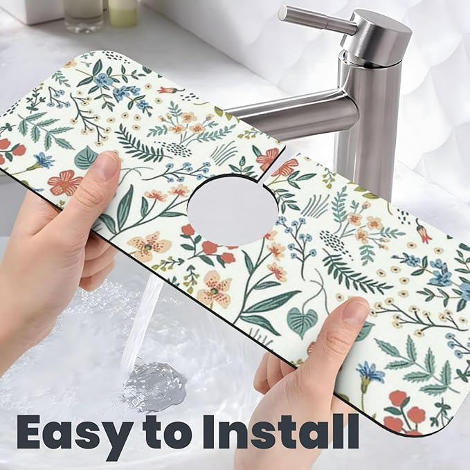 2Pcs Dish Drying Mats Faucet Mats Sets Large Size Coffee Mats Sink Faucet Mat Splash Guard for Kitchen Counter Bathroom Sink Coffee Bar Kitchen Decor (Wildflowers 1, 18"x24" 15" x 5.5"Set)