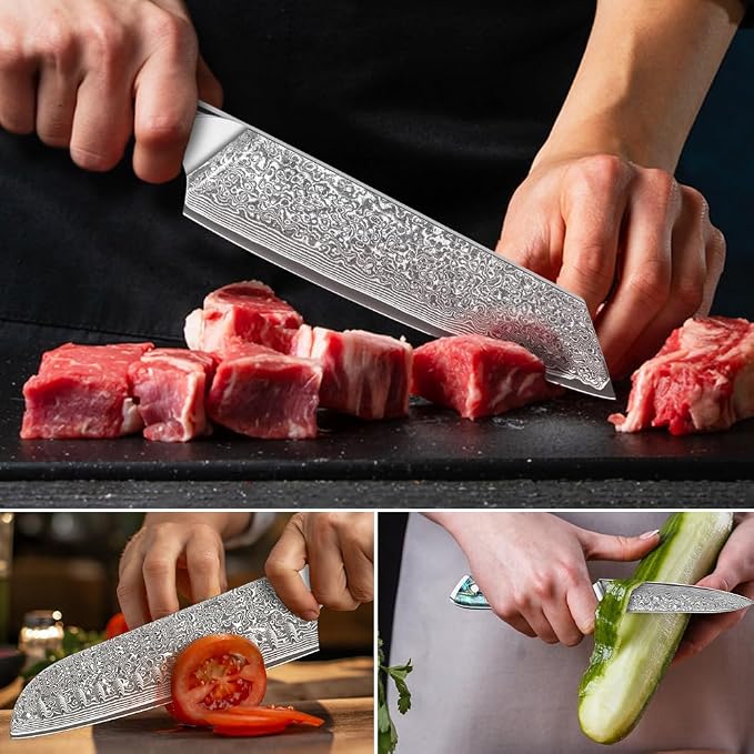 KEENZO 3PCS Kitchen Knife Set, Professional Kitchen Knives with 8"Chef, 8"Kiritsuke knife, 5"Utility Knife, Japanese Hand Forged 67 Layers Damascus Steel Cooking Knife, Ergonomic Abalone Shell Handle