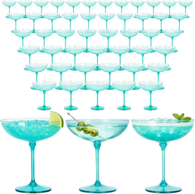 LemonRoad 48 Pcs Plastic Coupe Glasses 9 oz Disposable Martini Glasses for Cocktails, Champagne, Desserts and Espresso, Drinkware Set for Weddings, Birthday Parties, Home Bars (Light Green)