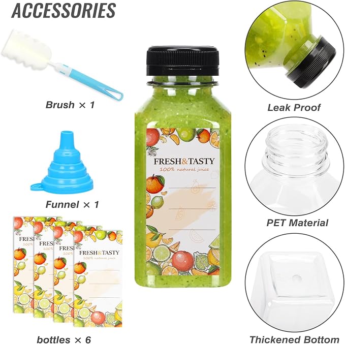 TOMNK 6pcs 8oz Plastic Juice Bottles with Caps Empty Reusable Clear Bottles with Label, Funnel and Brush Beverage Containers Bulk with Lids for Juicing, Smoothies, Fridge