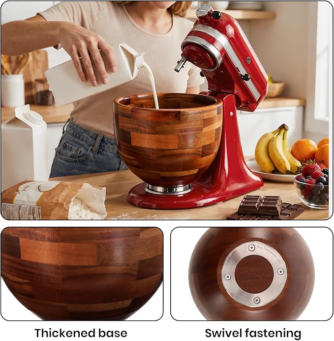 Wood Mixing Bowl for KitchenAid, 5QT Natural Acacia Wooden Bowl Compatible with KitchenAid 4.5&5 QT Tilt-Head Stand Mixer, with Stainless Steel Locking Base, for Baking & Mixing