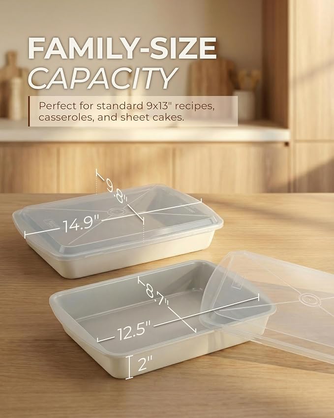 CARTMAN Cake Pan Set with Lids (2 Pans+2 Lids), 9x13 Inch Non-Stick Rectangular Coated Baking Pan, Healthy Toxin-Free Bakeware for Lasagna & Bread, Elegant Two-Tone Aesthetic Design, Cream