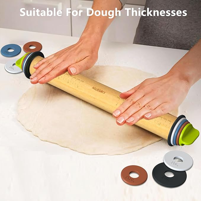 Rolling Pin with Adjustable Thickness Ring, Dough Thickness for Baking, Fondant, Pizza, Crust, Cookies, Pastry, 13.6'' Wooden Rolling Pin with 4 Multi-Color Thickness Rings