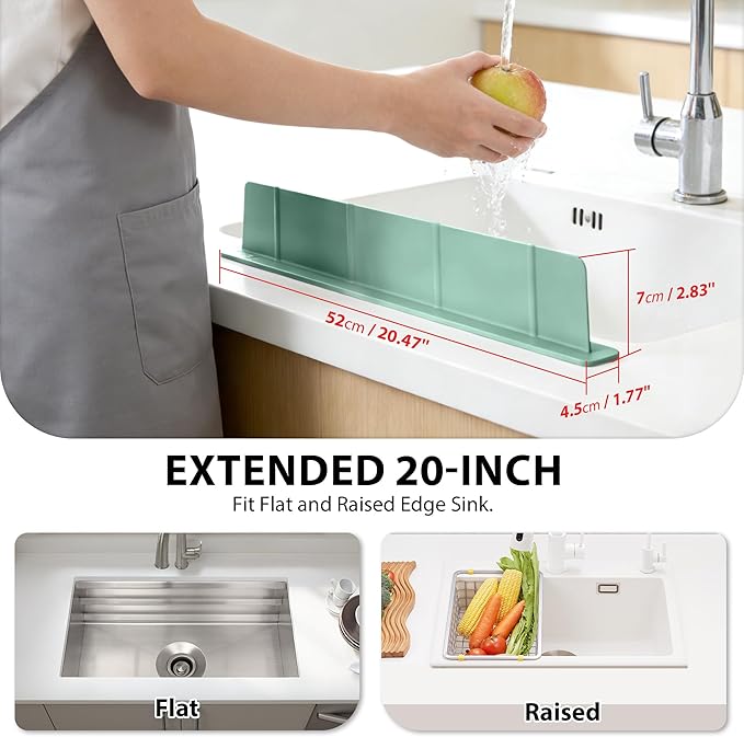 20Inch Silicone Sink Splash Guard with Strong Suction Cups, Flexible Kitchen Sink Splash Guard for Front/Back of Sink, Easy to Clean Splash Guard for Kitchen & Bathroom (Green, 20.5''x2.8'')