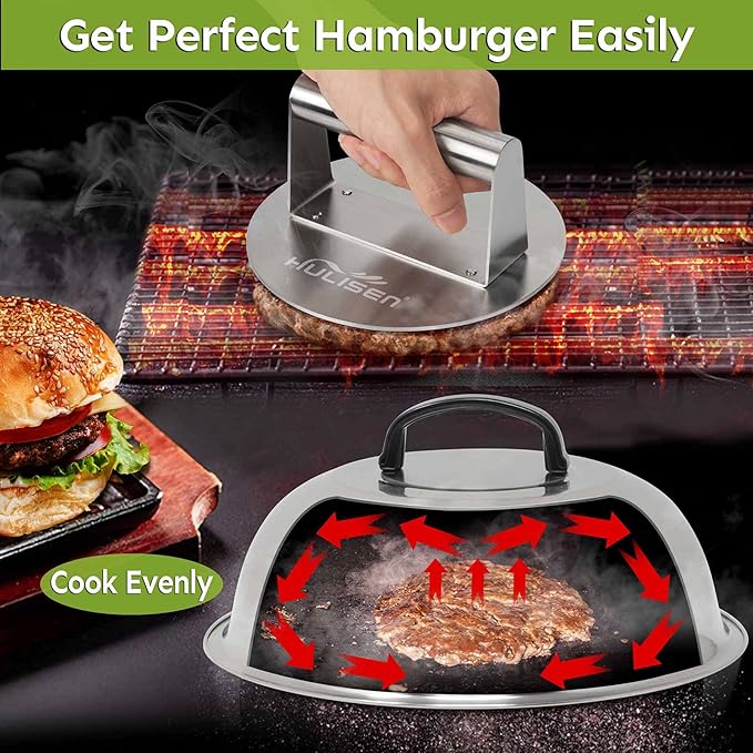 HULISEN Smashed Burger Kit, Burger Press, 12 Inch Basting Cover, Grill Spatula, Spice Dredge Shaker and 2 Squeeze Bottles - Griddle Accessories Kit for Flat Top Griddle Grill Cooking, Gift Package