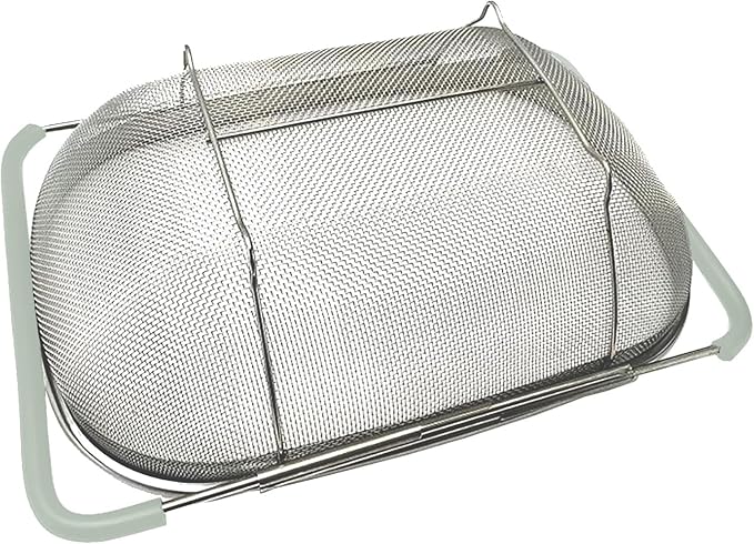 AJIODA Over The Sink Colander, 6 Quarts Stainless Steel Oval Colander with Expandable Rubber Grip Handle, Fine Mesh Strainer Baskets Kitchen Colanders for Strain, Drain, Rinse Vegetables, Mint Green