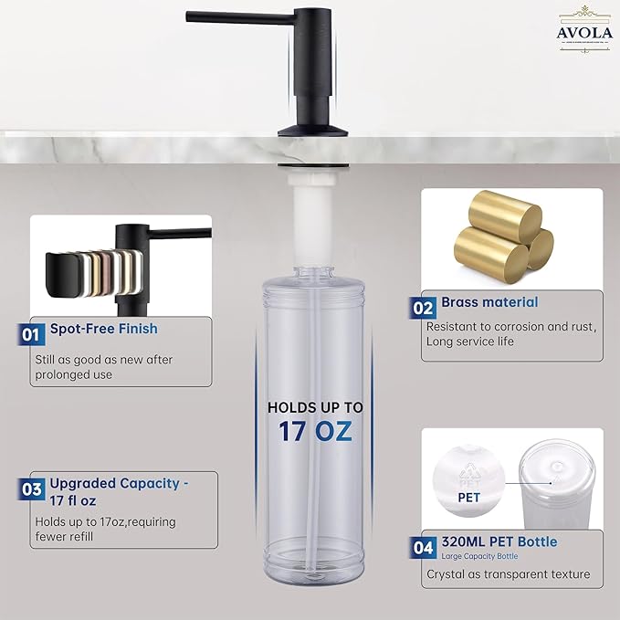 Avola Oil Rubbed Bronze Soap Dispensers with Brass Pump, 17OZ Bottle Soap Dispensers for Kitchen Sink,Commercial Liquid Dish Dispenser, Bronze Built in Sink Soap Dispenser