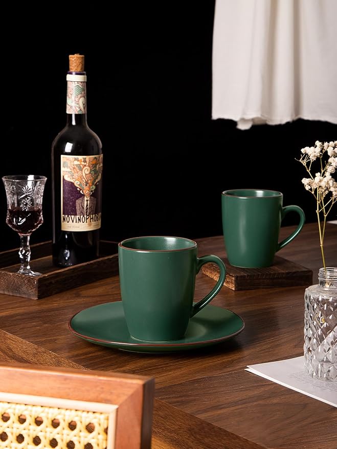 famiware Venus Coffee Mugs for 6, 13 oz Mug Set, Dringking Cup with Handle for Coffee, Tea, Cocoa, Milk, Dark Green