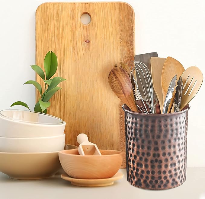 Monarch Abode Kitchen Utensil Holder – Hand Hammered Metal Antique Copper Utensil Holder, Decorative Utensil Crock for Kitchen Counter, Cooking Tool and Spatula Holder for Countertop, Caddy Organizer
