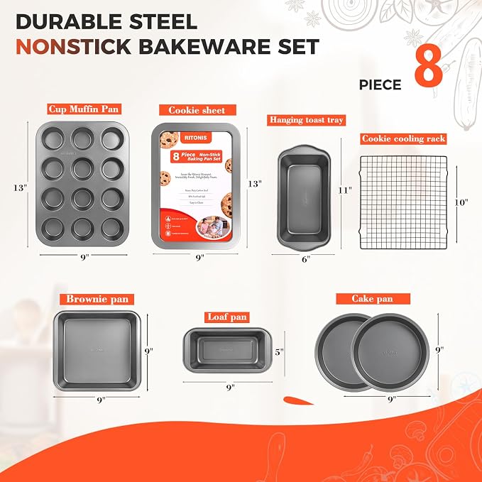8-Piece Baking Pans Set, Non-stick Bakeware Sets Non-Toxic Baking Sheet Sets for Cooking, Include Round＆Square Cake Pan,Bread Pan,Muffin Pan, Cookie Sheet,Cooling Rack,with Baking Glove,Black