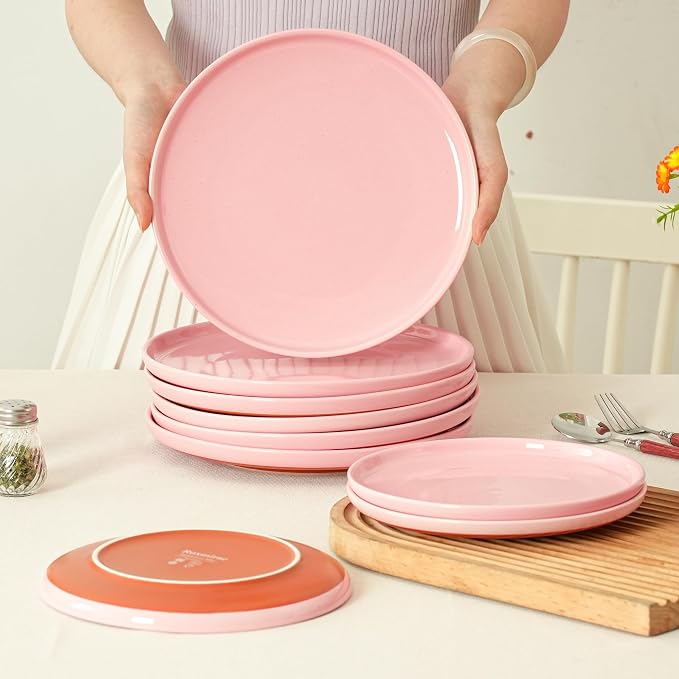 6 Piece Dinnerware Set, Dual Glaze Stoneware Plates and Bowls Sets, Modern Dinner Plate, Salad Plate, Cereal Bowl, Dish Set for 2, Microwave and Dishwasher Safe, Pink