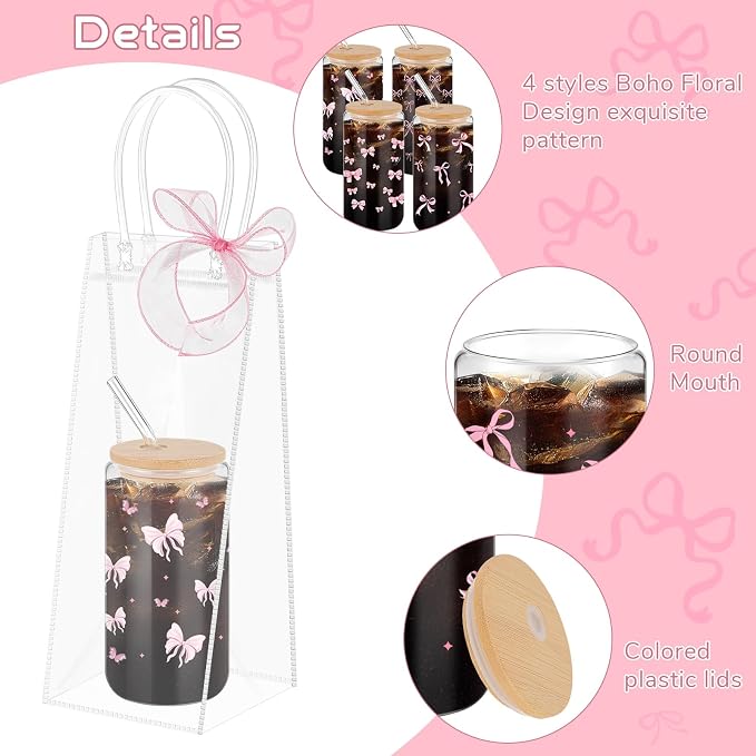 Mumufy 8 Sets Coquette Bow Glass Cups with Clear Gift Bag 16 oz Reusable Pink Iced Coffee Mugs Aesthetic Cute Tumbler with Lids and Straws, Gifts for Girls Women Bridesmaid